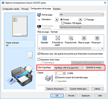 figure&nbsp;: Côté d'agrafage dans l'onglet Configuration de la page