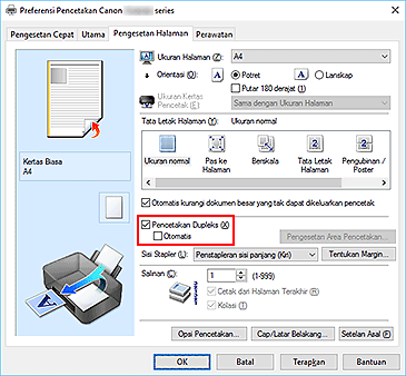 gambar: Kotak centang Pencetakan Dupleks pada tab Pengesetan Halaman