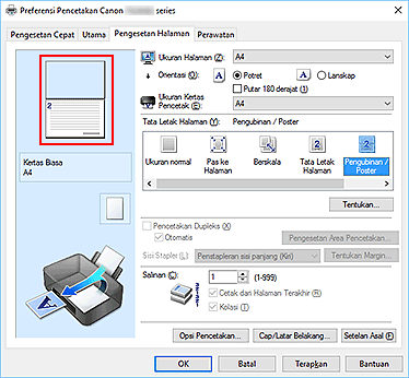 gambar: Pratinjau setelan ditampilkan pada tab Pengesetan Halaman