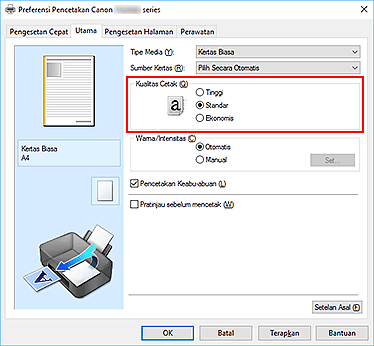 gambar: Kualitas Cetak pada tab Utama