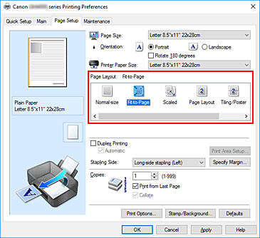figura: selezionare Adattata alla pagina per Layout di pagina nella scheda Imposta pagina