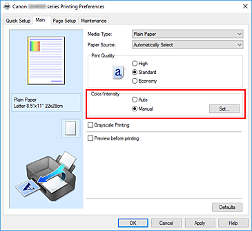 figur: Velg Manuell for Farge/Intensitet i kategorien Hoved