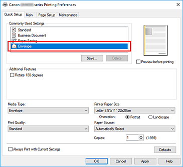 figura:Selectaţi Envelope de la Commonly Used Settings din fila Quick Setup