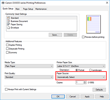 figura:Paper Source din fila Quick Setup