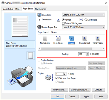 figura:Selectarea Scaled pentru Page Layout din fila Page Setup