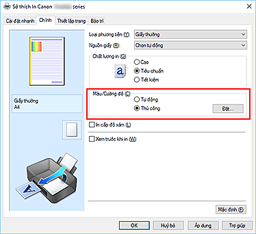 hình: Chọn Thủ công cho Màu/Cường độ trên tab Chính