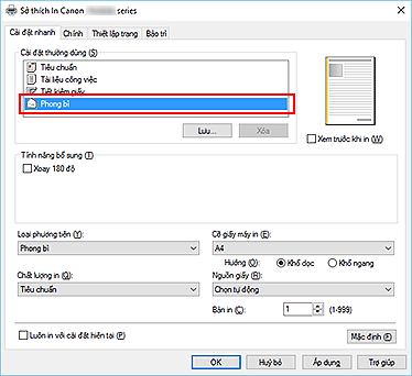 hình: Chọn Phong bì từ Cài đặt thường dùng trên tab Cài đặt nhanh