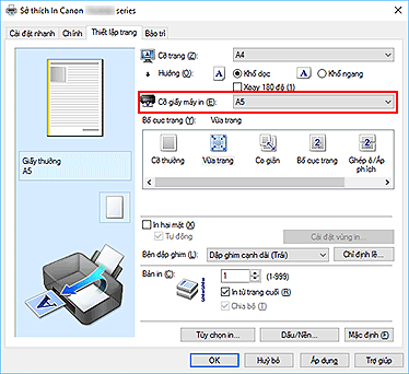 hình: Cỡ giấy máy in trên tab Thiết lập trang