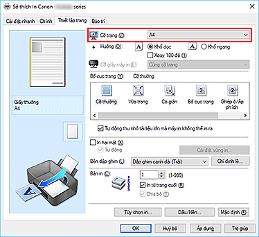hình: Cỡ trang trên tab Thiết lập trang