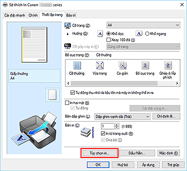 hình: Tùy chọn in... trên tab Thiết lập trang