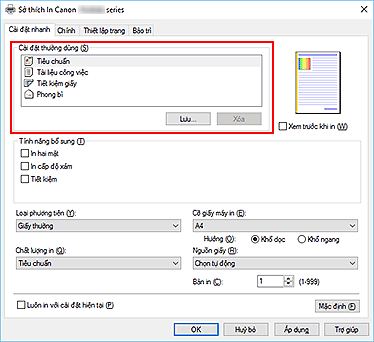 hình: Cài đặt thường dùng trên tab Cài đặt nhanh