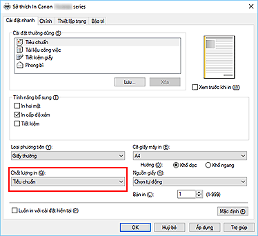 hình: Chất lượng in trên tab Cài đặt nhanh