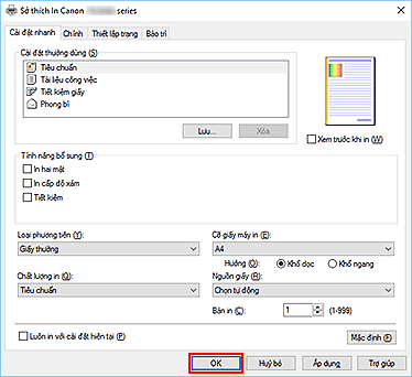 hình: OK trên tab Cài đặt nhanh