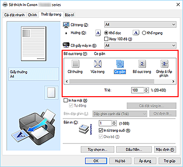 hình: Chọn Co giãn cho Bố cục trang trên tab Thiết lập trang