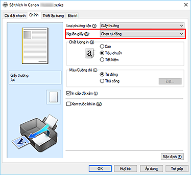 hình: Nguồn giấy trên tab Chính