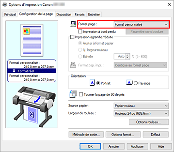 figure&nbsp;: Sélectionnez Personnalisé pour Format page dans l'onglet Configuration de la page.