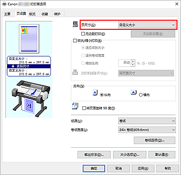 插图：在“页设置”选项卡上将“页尺寸”选择为“用户定义”