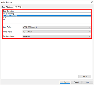 figure:Select ICC Profile Matching for Color Correction in the Color Adjustment dialog box