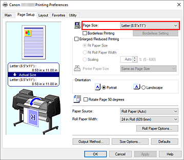 figure:Select Custom for Page Size on the Page Setup tab