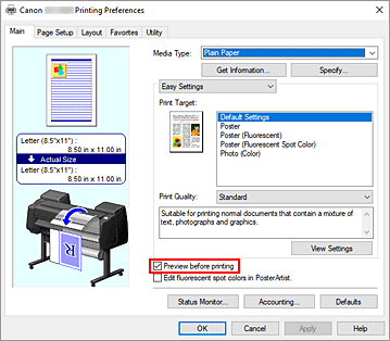 Imagen: casilla de verificación Vista preliminar antes de imprimir de la ficha Principal