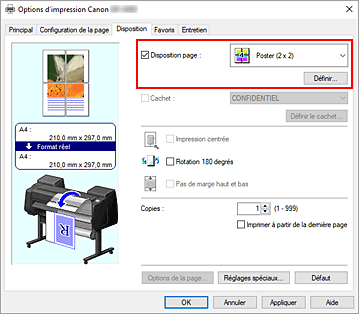 Figure : sélectionnez la mise en page Poster (1 x 2) ou Poster (2 x 2) dans l'onglet Configuration de la page