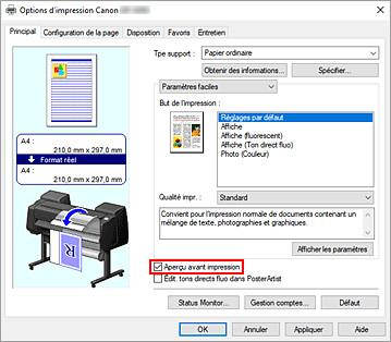 figure&nbsp;: Case à cocher Aperçu avant impression dans l'onglet Principal