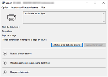 figure&nbsp;: Écran d'état d'imprimante Canon IJ