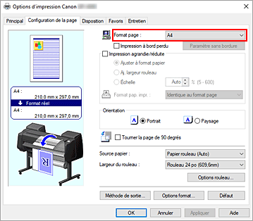 figure&nbsp;: Sélectionnez Personnalisé pour Format page dans l'onglet Configuration de la page.