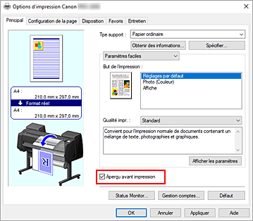 figure&nbsp;: Case à cocher Aperçu avant impression dans l'onglet Principal