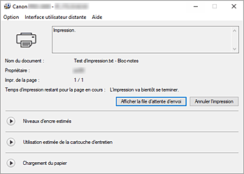 figure&nbsp;: Écran d'état d'imprimante Canon IJ
