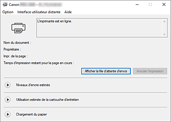 figure&nbsp;: Écran d'état d'imprimante Canon IJ