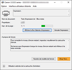 figure : Écran d'état d'imprimante Canon IJ