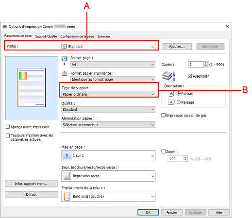 figure&nbsp;: Profils sur l'onglet Paramètres de base
