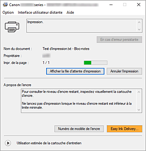 figure&nbsp;: Écran d'état d'imprimante Canon IJ