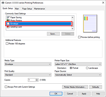 figure:Select Envelope from Commonly Used Settings on the Quick Setup tab