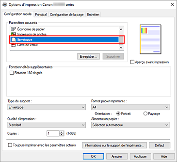 figure : Sélectionnez Enveloppe dans Paramètres courants dans l'onglet Configuration rapide.