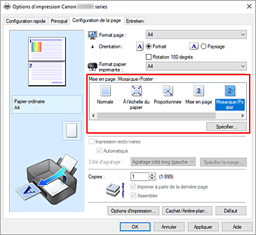 figure : Sélectionnez Mosaïque/Poster comme Mise en page dans l'onglet Configuration de la page.