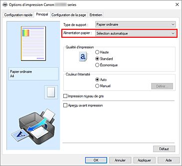 figure : Alimentation papier dans l'onglet Principal
