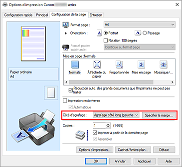 figure : Côté d'agrafage dans l'onglet Configuration de la page