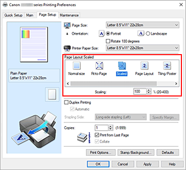 figura:Selectarea Scaled pentru Page Layout din fila Page Setup