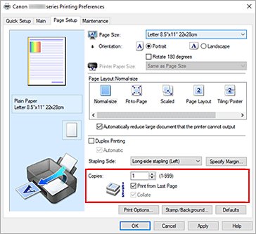 slika: možnost Copies na kartici Page Setup