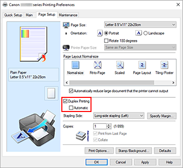 slika: potrditveno polje Duplex Printing na kartici Page Setup