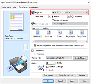 slika: možnost Page Size na kartici Page Setup