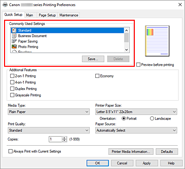 slika: možnost Commonly Used Settings na kartici Quick Setup