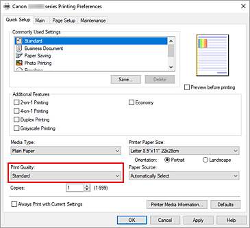 slika: možnost Print Quality na kartici Quick Setup