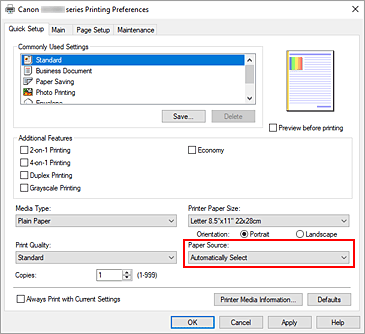 slika: možnost Paper Source na kartici Quick Setup