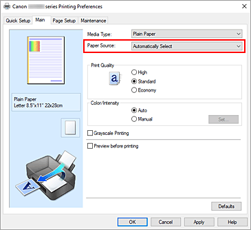 slika: možnost Paper Source na kartici Main
