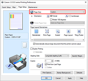 slika: izbira možnosti Custom za nastavitev Page Size na kartici Page Setup