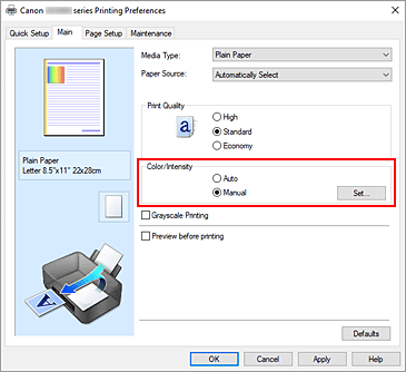 şekil: Ana sekmesinde Renk/Yoğunluk için El İle seçeneğini belirleyin