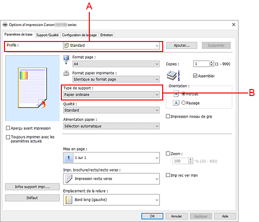 figure&nbsp;: Profils sur l'onglet Paramètres de base